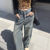 Washed Cargo Women Street Retro Wide Leg Pants High Waist Denim Long Jeans