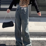 Washed Cargo Women Street Retro Wide Leg Pants High Waist Denim Long Jeans