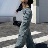 Washed Cargo Women Street Retro Wide Leg Pants High Waist Denim Long Jeans
