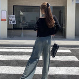 Washed Cargo Women Street Retro Wide Leg Pants High Waist Denim Long Jeans