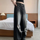 Punk Industry Washed Ripped Women Street Hip Hop Y2k Vintage Straight Without Belt Jeans