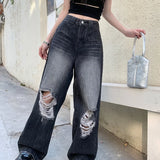 Punk Industry Washed Ripped Women Street Hip Hop Y2k Vintage Straight Without Belt Jeans