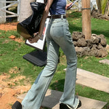 Vintage Blue Fringed Flare Women's Spring Summer High Waist Street Casual Denim Jeans