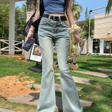 Vintage Blue Fringed Flare Women's Spring Summer High Waist Street Casual Denim Jeans