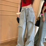 Vintage Y2k Bow Washed Baggy Streetwear Women Fashion Wide Leg Denim Jeans