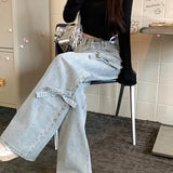 Vintage Y2k Bow Washed Baggy Streetwear Women Fashion Wide Leg Denim Jeans