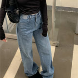 Women Streetwear Vintage Fashion Rhinestone Y2K Casual High Waist Female Straight Leg Denim Jeans