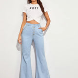 Women's High Waist Button Fly Flare Casual Wide Leg Denim With Pockets Jeans