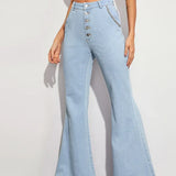 Women's High Waist Button Fly Flare Casual Wide Leg Denim With Pockets Jeans