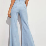 Women's High Waist Button Fly Flare Casual Wide Leg Denim With Pockets Jeans