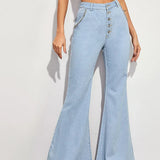 Women's High Waist Button Fly Flare Casual Wide Leg Denim With Pockets Jeans
