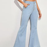 Women's High Waist Button Fly Flare Casual Wide Leg Denim With Pockets Jeans