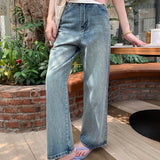Women's Diamond High Waist Washed Casual Streetwear Blue Retro Straight Wide-Leg 2025 Jeans