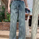 Women's Diamond High Waist Washed Casual Streetwear Blue Retro Straight Wide-Leg 2025 Jeans