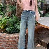 Women's Diamond High Waist Washed Casual Streetwear Blue Retro Straight Wide-Leg 2025 Jeans