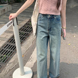 Women's Diamond High Waist Washed Casual Streetwear Blue Retro Straight Wide-Leg 2025 Jeans