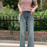 Women's Diamond High Waist Washed Casual Streetwear Blue Retro Straight Wide-Leg 2025 Jeans