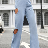 Women's Washed Hole Streetwear Loose High Waist Casual Straight Leg Denim Fashion 2025 Jeans