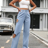 Women's Washed Hole Streetwear Loose High Waist Casual Straight Leg Denim Fashion 2025 Jeans