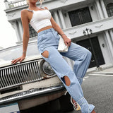 Women's Washed Hole Streetwear Loose High Waist Casual Straight Leg Denim Fashion 2025 Jeans