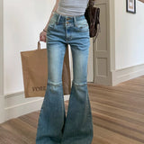 Women's Waist Streetwear Flared Fashion Stretch Slim Washed Denim Jeans