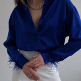 Button Up Spring Summer Fashion Feather Patchwork Long Sleeve Green Satin Office Lady Business Work Top Blouse