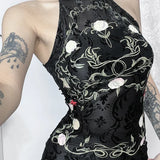 Neo-Chinese Style Vintage Plant Print Flocking Backless Crop Top