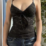 Black See Through Lace Sleeveless V Neck Sexy Summer Y2K Aesthetic Gothic Crop Top