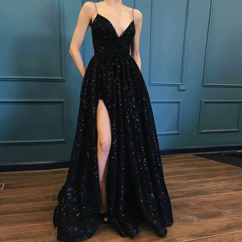 Black V-neck Prom Party Evening Dresses