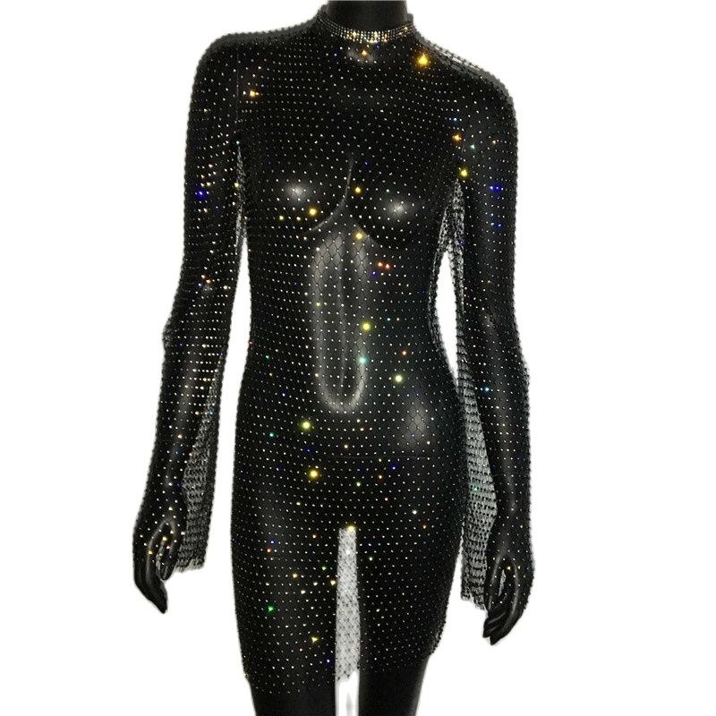 Bling Rhinestones Fishnet Mini Dress Women Sexy Long Sleeve Crystal Dress