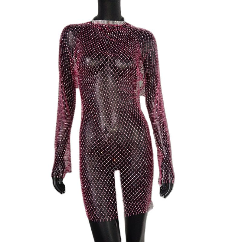Bling Rhinestones Fishnet Mini Dress Women Sexy Long Sleeve Crystal Dress
