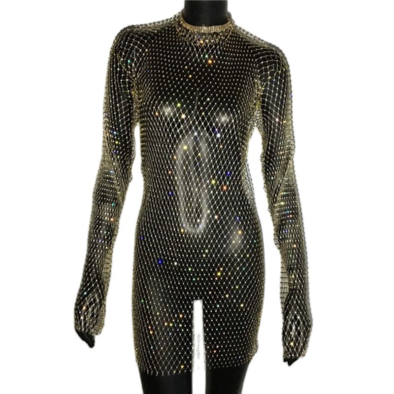 Bling Rhinestones Fishnet Mini Dress Women Sexy Long Sleeve Crystal Dress