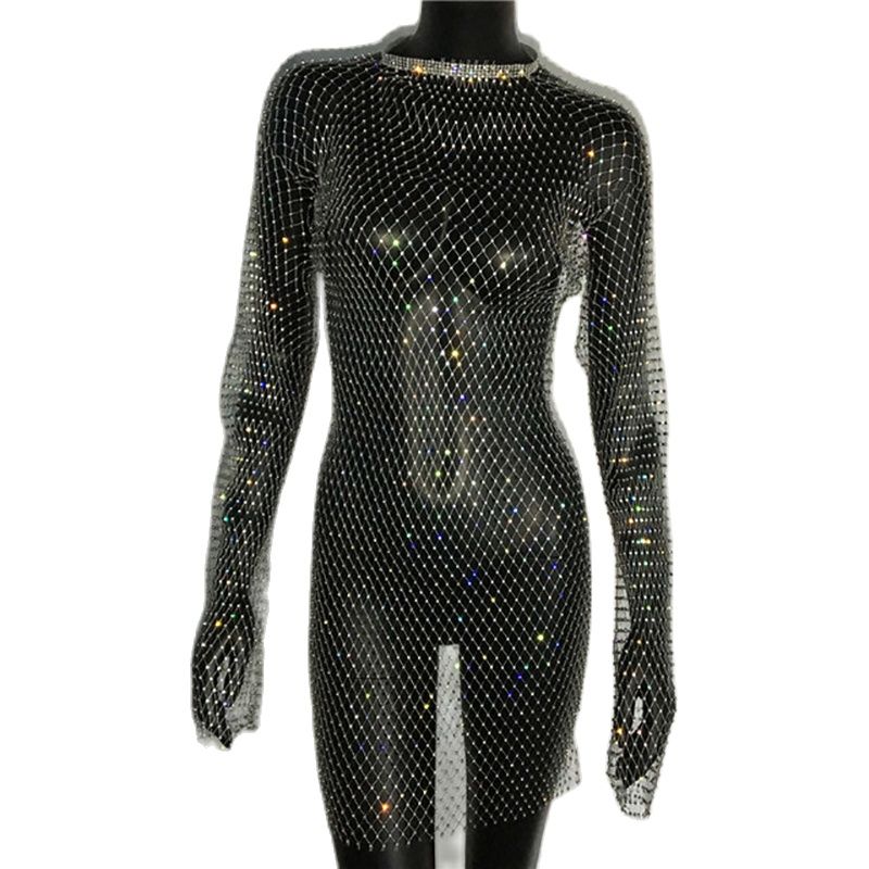 Bling Rhinestones Fishnet Mini Dress Women Sexy Long Sleeve Crystal Dress