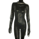 Bling Rhinestones Fishnet Mini Dress Women Sexy Long Sleeve Crystal Dress