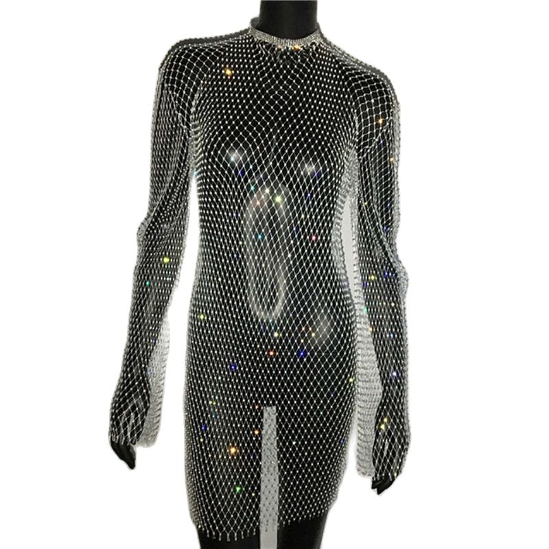 Bling Rhinestones Fishnet Mini Dress Women Sexy Long Sleeve Crystal Dress