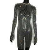 Bling Rhinestones Fishnet Mini Dress Women Sexy Long Sleeve Crystal Dress