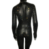 Bling Rhinestones Fishnet Mini Dress Women Sexy Long Sleeve Crystal Dress