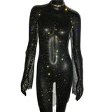 Bling Rhinestones Fishnet Mini Dress Women Sexy Long Sleeve Crystal Dress