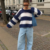 Blue And White Striped Knitted Pullovers Women Casual Long Sleeve Round Neck Sweater