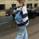 Blue And White Striped Knitted Pullovers Women Casual Long Sleeve Round Neck Sweater