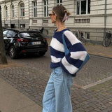 Blue And White Striped Knitted Pullovers Women Casual Long Sleeve Round Neck Sweater