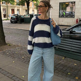 Blue And White Striped Knitted Pullovers Women Casual Long Sleeve Round Neck Sweater