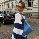 Blue And White Striped Knitted Pullovers Women Casual Long Sleeve Round Neck Sweater