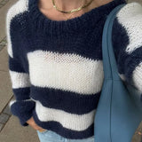 Blue And White Striped Knitted Pullovers Women Casual Long Sleeve Round Neck Sweater