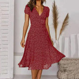 Bohemian Summer Women 2025 Short Sleeve V Neck Tie Waist A-Line Vacation For Women Fashion Holiday Sun Midi Dress