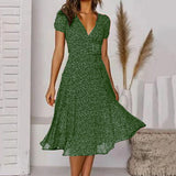 Bohemian Summer Women 2025 Short Sleeve V Neck Tie Waist A-Line Vacation For Women Fashion Holiday Sun Midi Dress