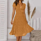 Bohemian Summer Women 2025 Short Sleeve V Neck Tie Waist A-Line Vacation For Women Fashion Holiday Sun Midi Dress