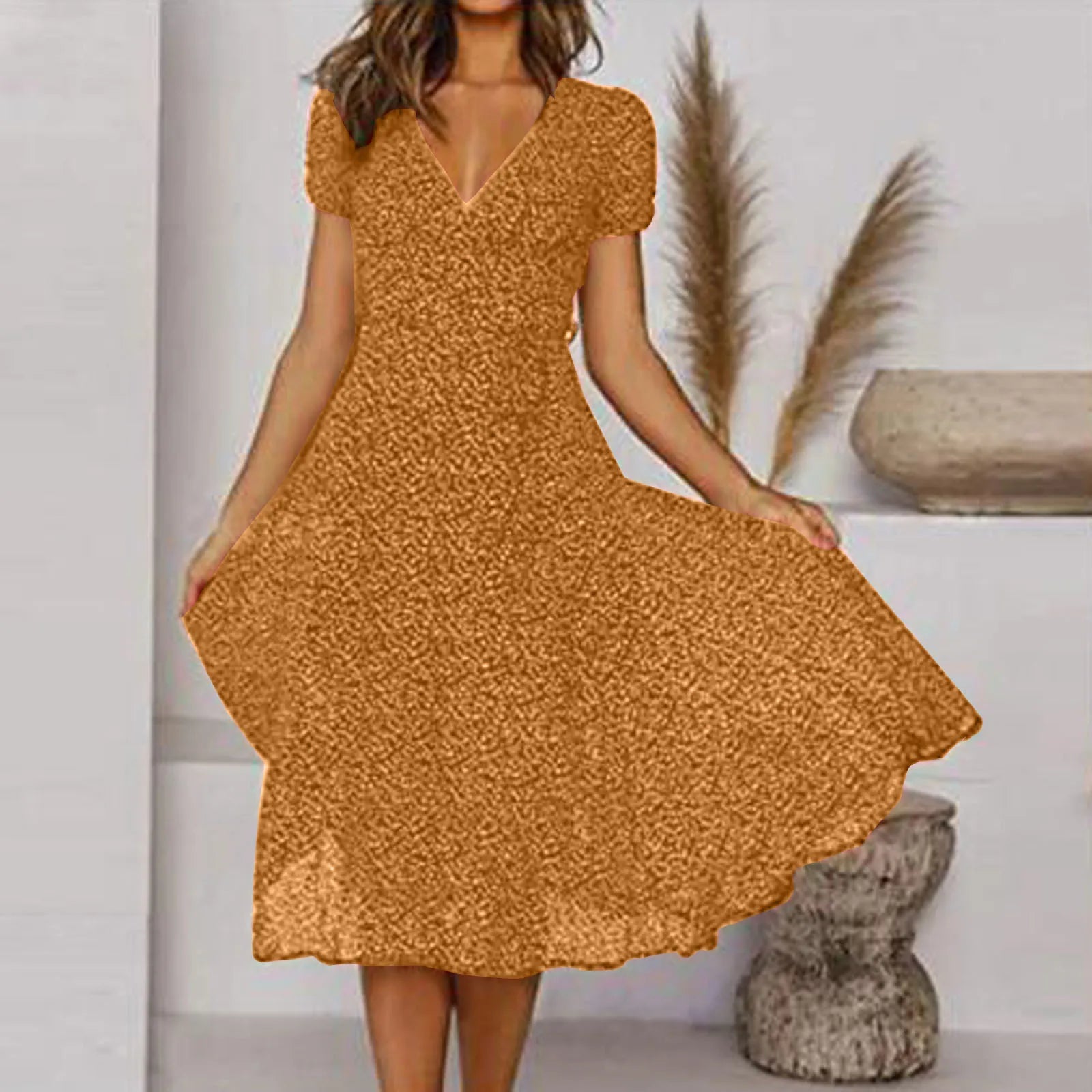 Bohemian Summer Women 2025 Short Sleeve V Neck Tie Waist A-Line Vacation For Women Fashion Holiday Sun Midi Dress
