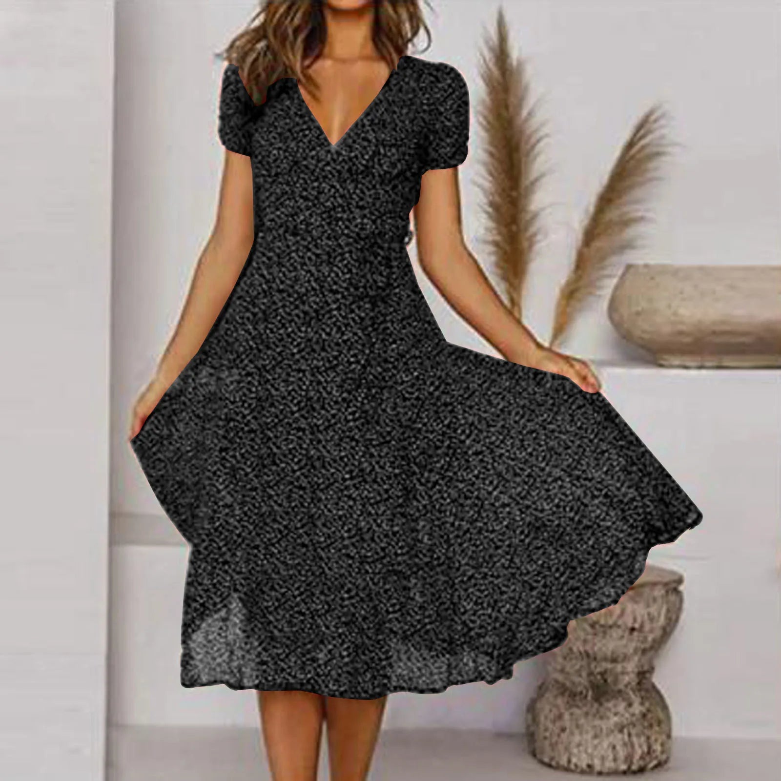 Bohemian Summer Women 2025 Short Sleeve V Neck Tie Waist A-Line Vacation For Women Fashion Holiday Sun Midi Dress