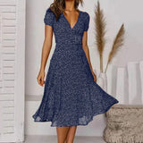 Bohemian Summer Women 2025 Short Sleeve V Neck Tie Waist A-Line Vacation For Women Fashion Holiday Sun Midi Dress